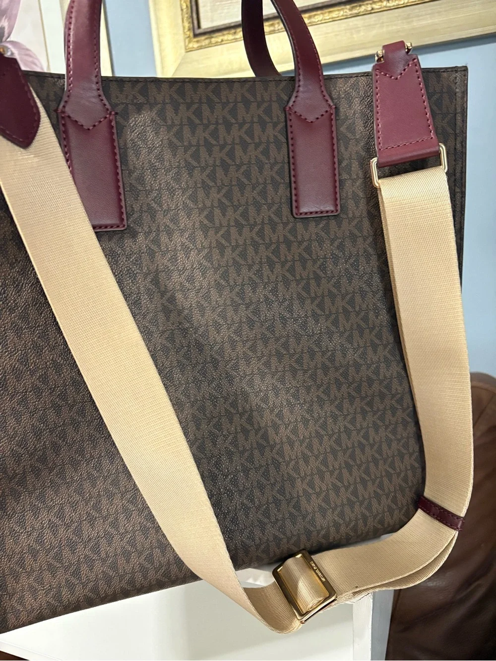 Michael Kors Brown MK Logo Tote with Burgundy Leather Trim